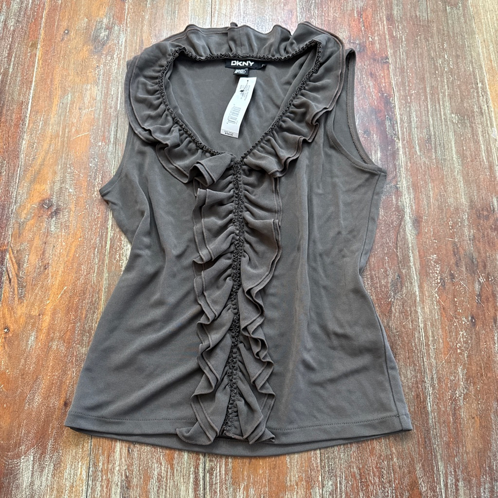 DKNY Olive Green Sleeveless Ruffle V-Neck Blouse - Small NWT Romantic Academic